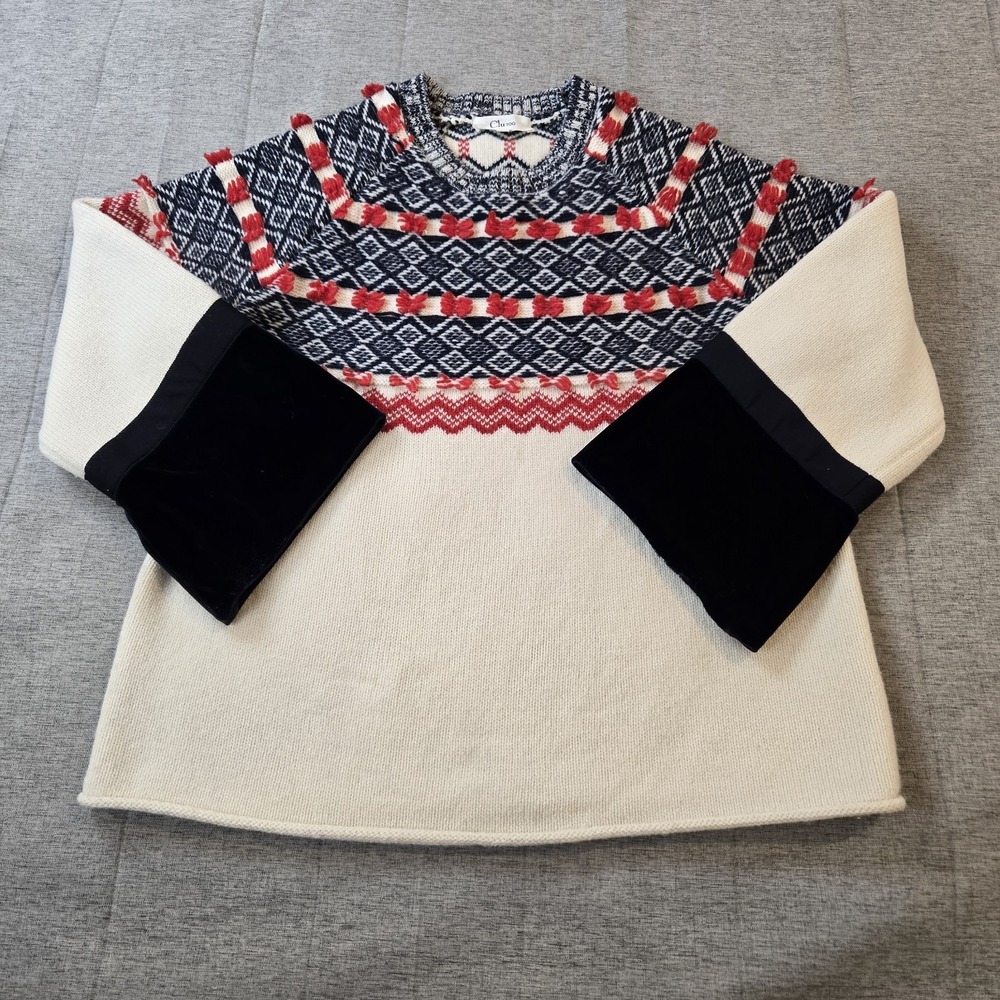 Clu Too Fair Isle Crewneck Wool Blend Women's Sweater Velvet Trim Bell Sleeves S